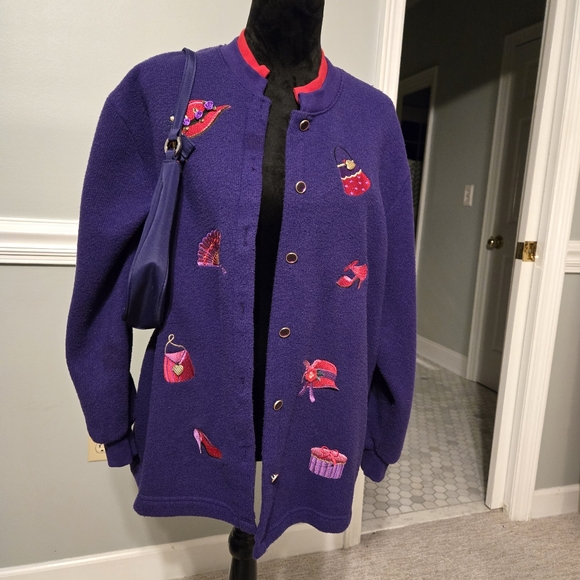 Bon Worth Sweaters - Bon Worth Vintage Purple Red Hat Society sweater cardigan with purse handbag